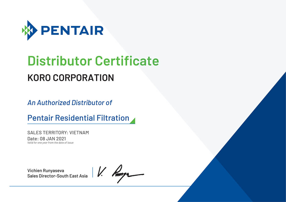 giấy chứng nhận KORO là đại lý phân phối chính thức máy lọc nước hãng Pentair --Koro.love